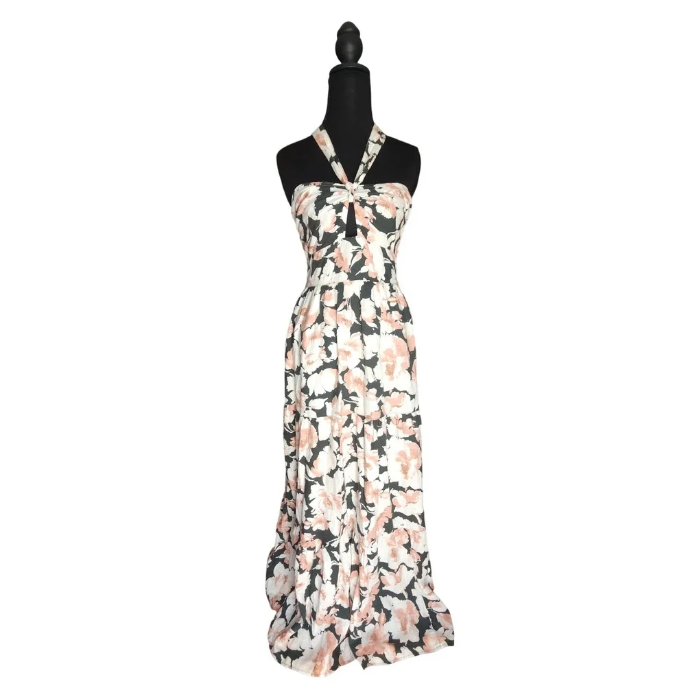 ABERCROMBIE & FITCH Floral Linen Blend Halter Maxi Dress Green Small Tall $130